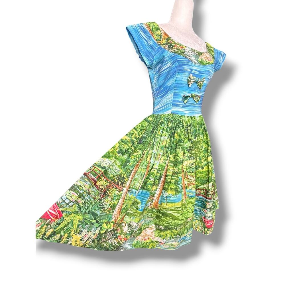 Bernie Dexter Serenity Bridge Blue Scenic Swing Dress USA Made Cotton Bow Retro